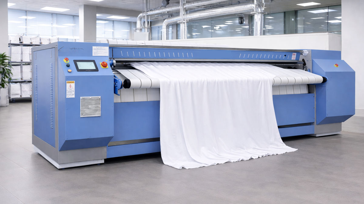 Flatwork ironer machine in hotel laundry — ironer consumables supplied by Rons Enterprises